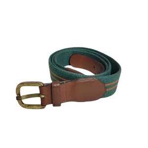 Mens Green Orange Striped Cotton Surcingle Leather Belt Brass Buckle Italy 34‎